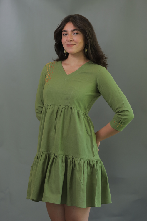 Moralfibre Olive Green Minimal Embroidered Short Dress Online Okhaistore Moralfibre Olive Green Minimal Embroidered Short Dress Online Okhaistore