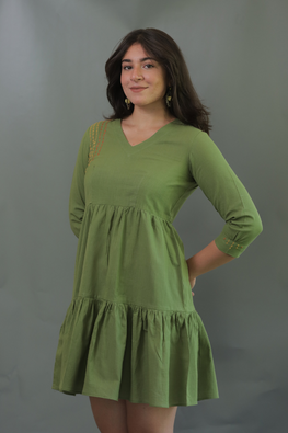Moralfibre Olive Green Minimal Embroidered Short Dress For Women Online