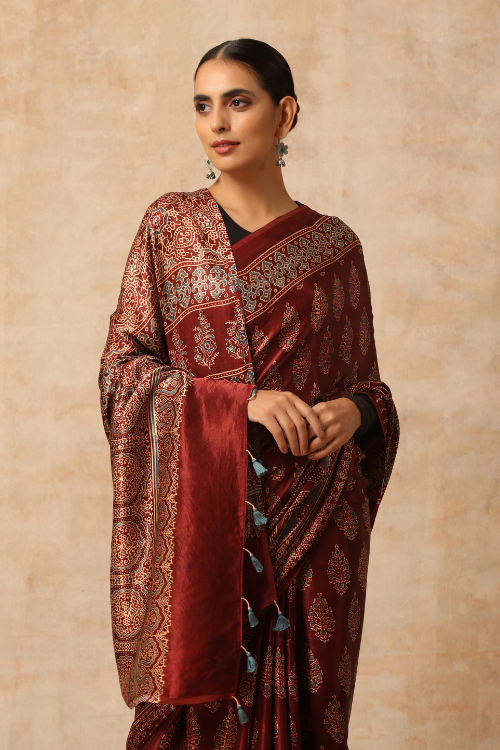 Tenaaro Ajrakh Hand Block Printed Modal SatinSaree