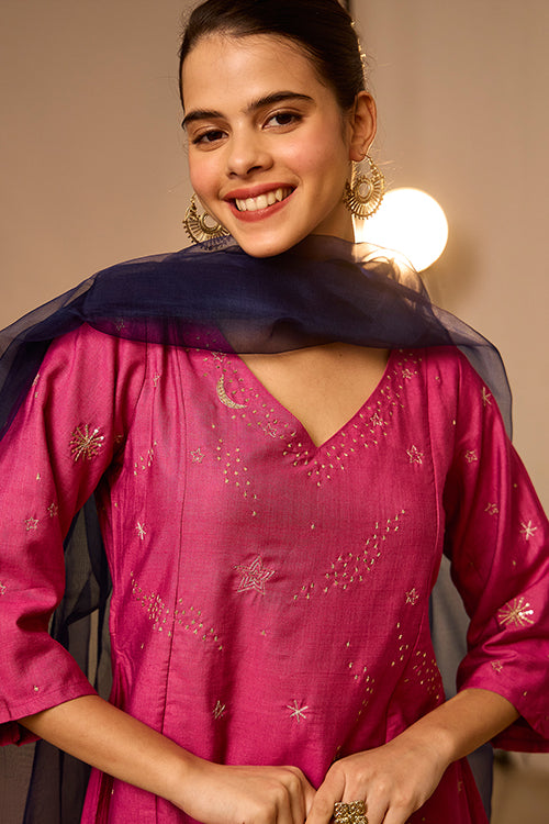 Galaxy Embroidered Pink Kurti Pant Set With Dupatta Online