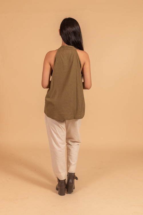 Moralfibre V Neck Incut Sleeves Top With Elasticated Side Panel From "Shapes Collection " - Khakhi