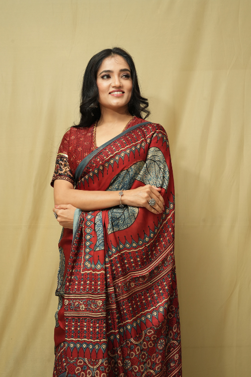 Red Ajrakh Print Tissue Pallu Modal Saree | Jabbar Khatri