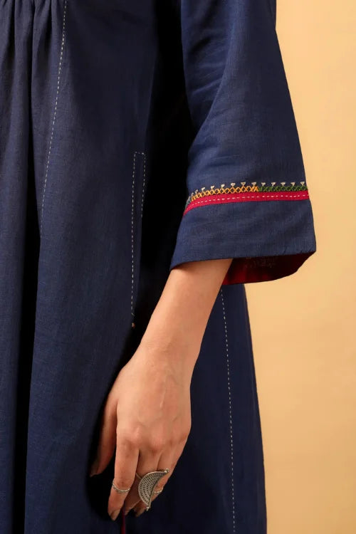 Rangsutra Kaanch Blue Front-Yoke Cotton Kurta With Pacca Hand Embroidery