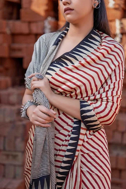 Craftroots Modal Saree With Block Print and Tassels