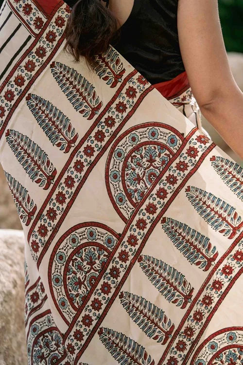 Craftroots Ajrakh Modal Silk Red and White Saree
