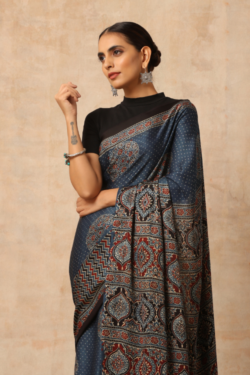 Tenaaro Ajrakh Hand Block Printed Modal Satin Saree (Indigo Blue-14)
