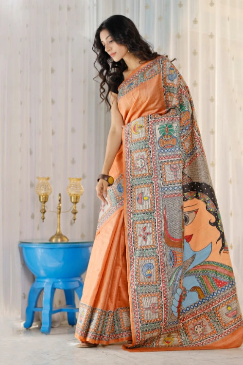Diorama Designs Madhubani Hand-painted Shiv Parvati Silk Saree