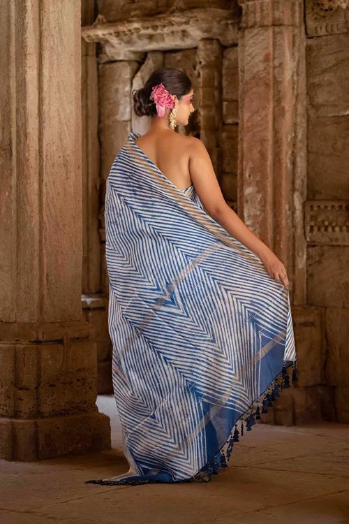 Craftroots Blue Laheriya Chanderi Saree