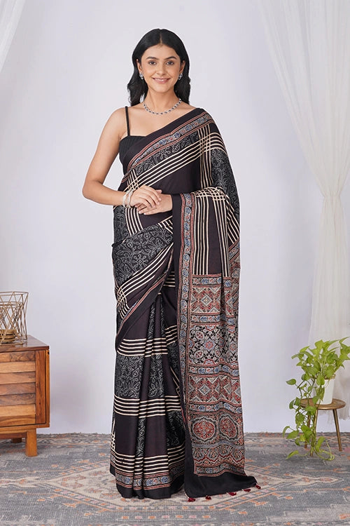 TENAARO Checkmate Black Ajrakh Hand Block Printed Modal Silk Saree