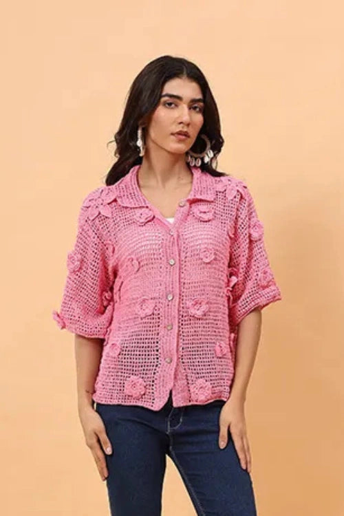 Ajoobaa "Airy"  Crochet Shirt - Pink