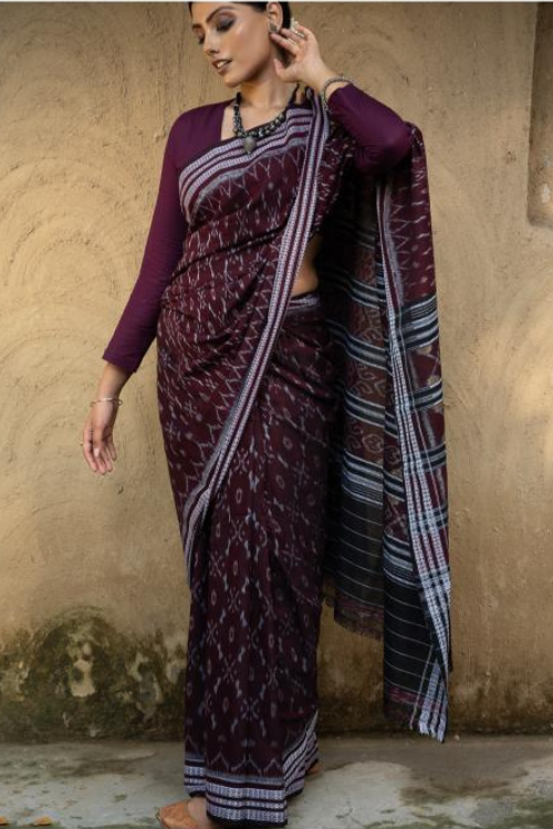 Handwoven Sambhalpuri Ikat Cotton Saree - Brown & Deep Green