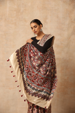Riyaz Khatri Traditional Ajrakh Hand Block Printed And Natural Dye Modal Saree With Beautiful Tassels - Offwhite