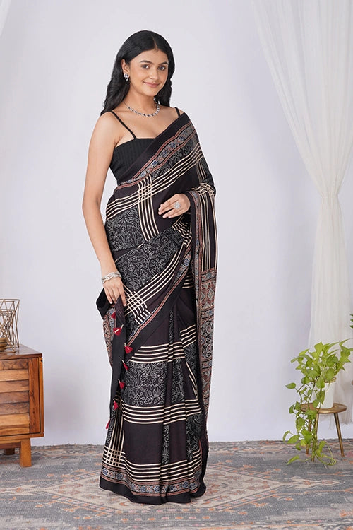 TENAARO Checkmate Black Ajrakh Hand Block Printed Modal Silk Saree