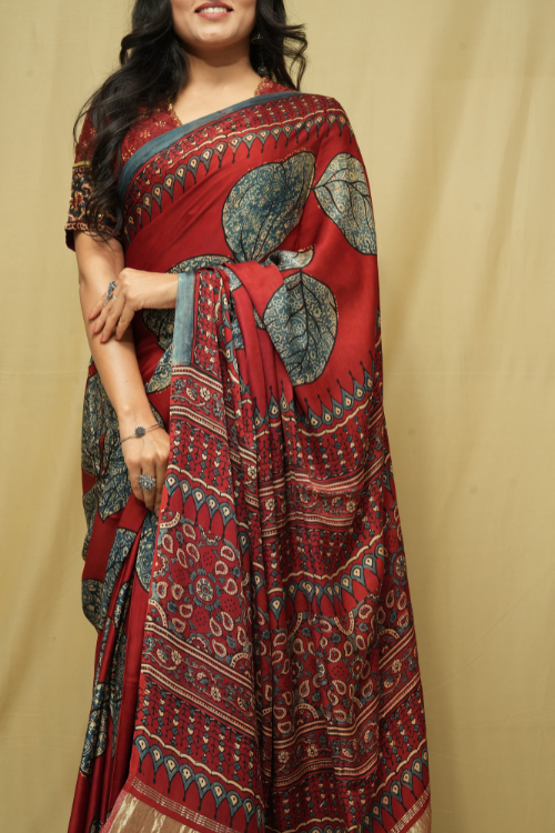 Red Ajrakh Print Tissue Pallu Modal Saree | Jabbar Khatri