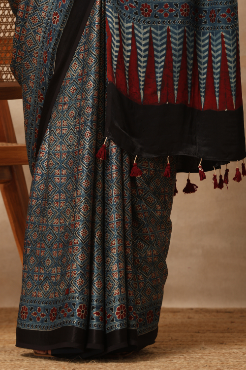 Riyaz Khatri Traditional Ajrakh Hand Block Printed And Natural Dye Modal Saree With Beautiful Tassels - Indigo Blue