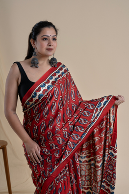 Jahangir Khatri-Traditional Ajrakh Hand Block Printed & Natural Dyed Modal Red Saree With Tassels