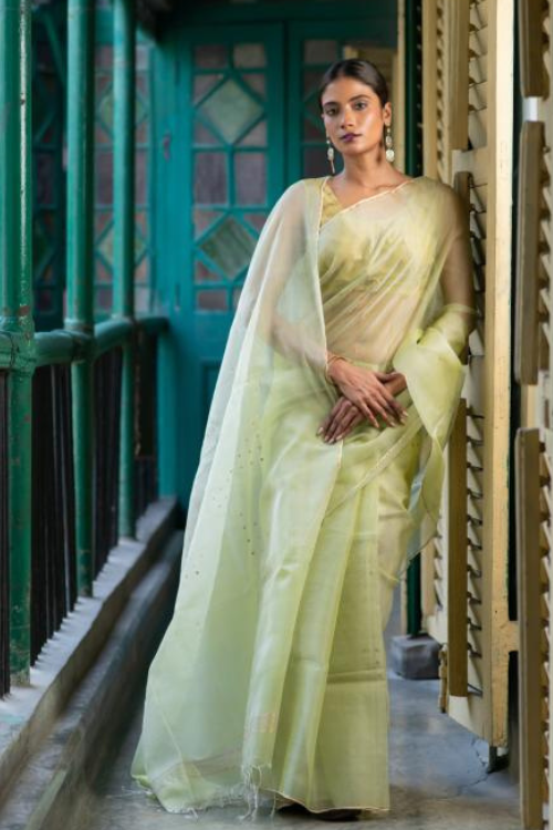 Exclusive Elegant Handwoven Pastel Green Resham Silk Saree Online
