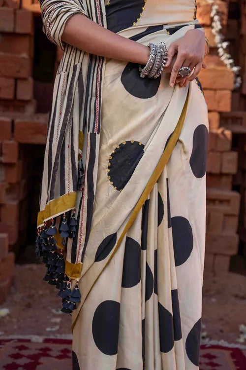 Craftroots Polka Dots Block Printed Modal Silk Saree