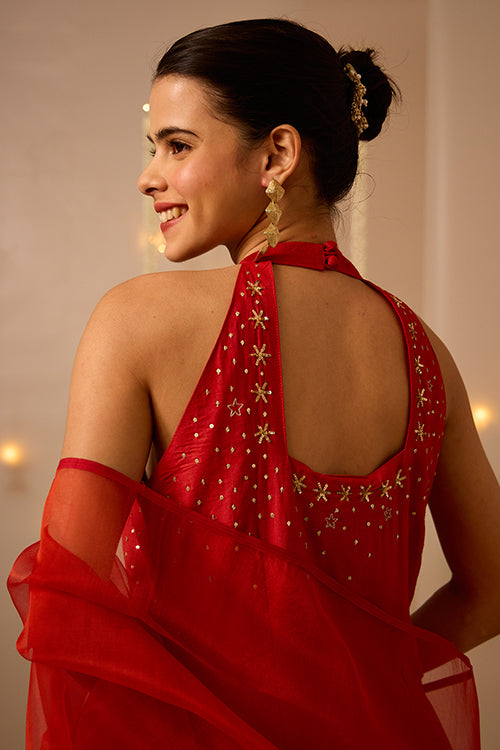 Helios Embroidered Red Kurti Pant Set With Dupatta Online