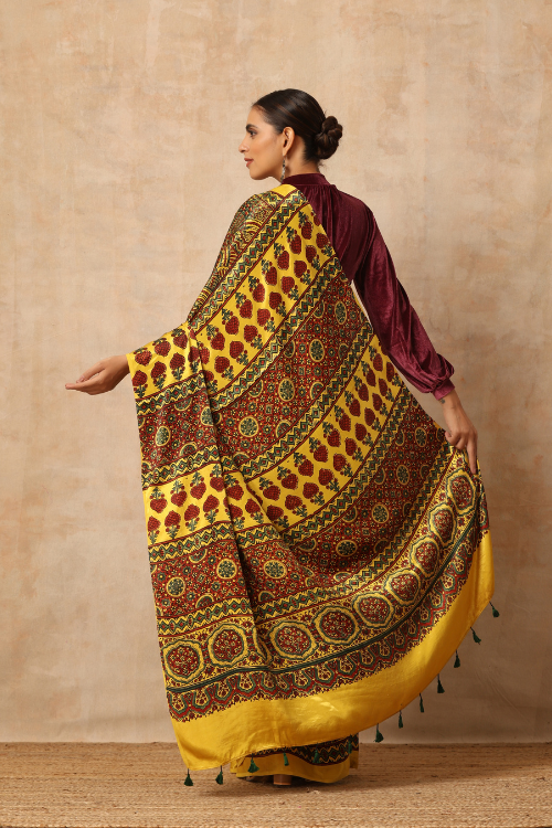 Riyaz Khatri Traditional Ajrakh Hand Block Printed And Natural Dye Modal Saree With Beautiful Tassels - Yellow