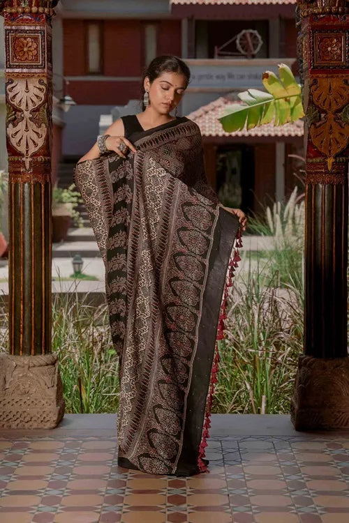 Craftroots Ajrakh Saree With Badla Work With Tassels