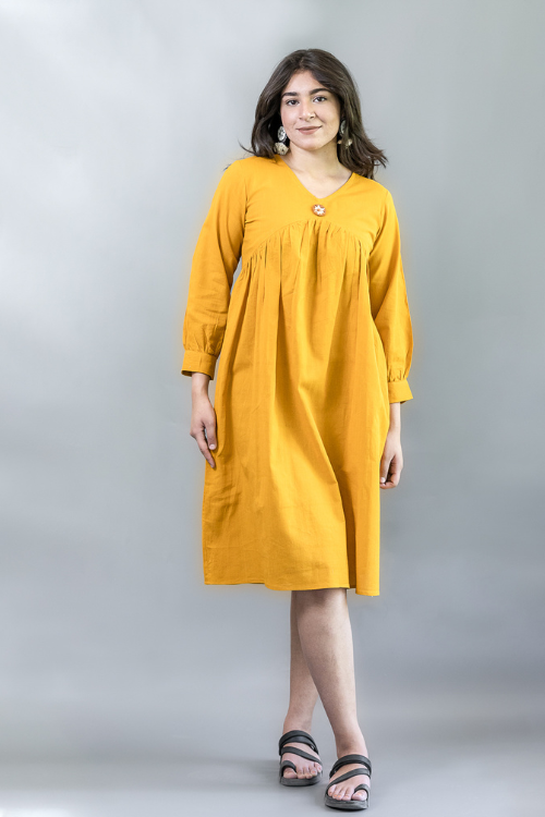 Moralfibre Golden Yellow Dress With Hand Embroidered, Mirrored Broach & Folded Sleeve Pattern