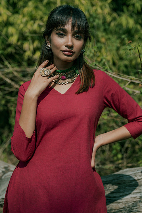 Endless Red Cotton Kurta Pant Set For Women Online