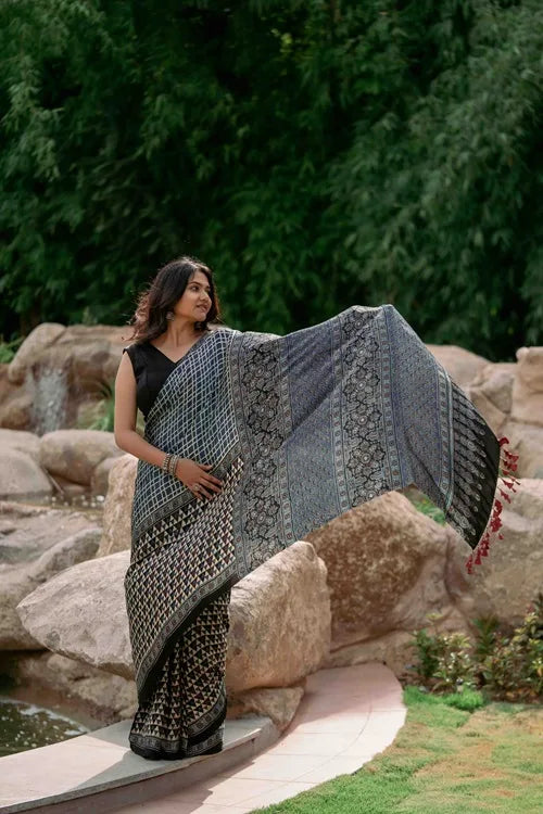 Craftroots Contemporary Ajrakh Modal Saree With Crafted Tassels