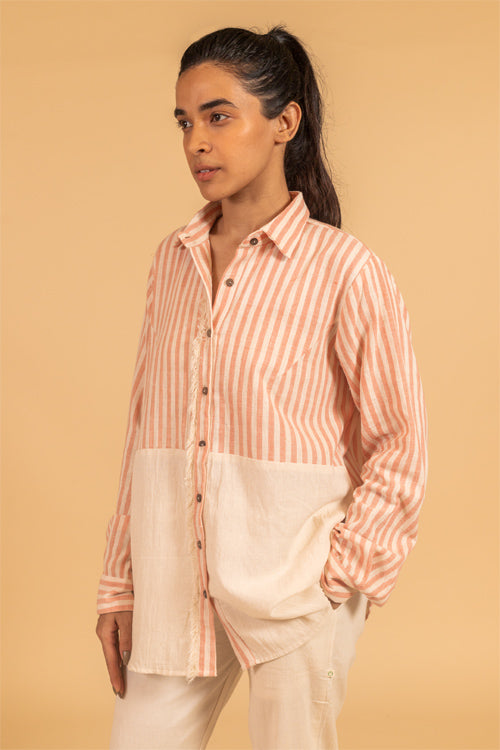 Moralfibre Frayed Trim Placket Shirt From "Shapes Collection " - Ecru & Peach