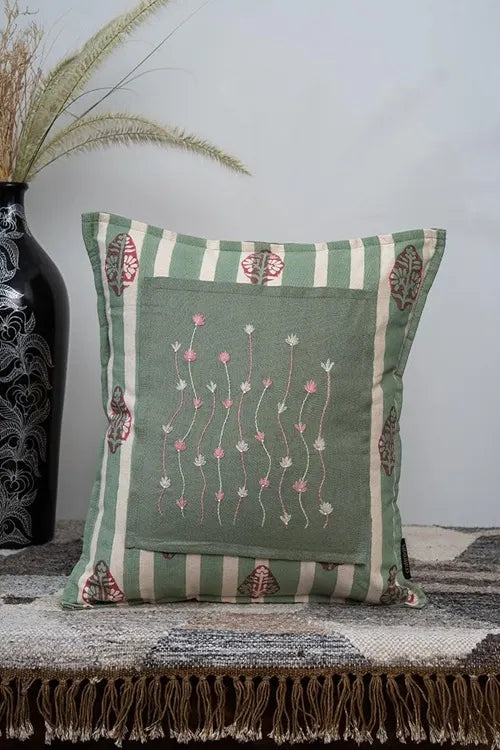 Craftroots Peach & Mint Green Daisy Hand Block Print Cushion Cover Set Of 2