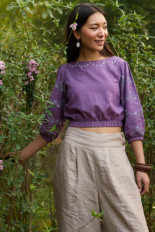Okhai 'Oorja' Hand-Embroidery and Mirrorwork Pure Cotton Purple Top