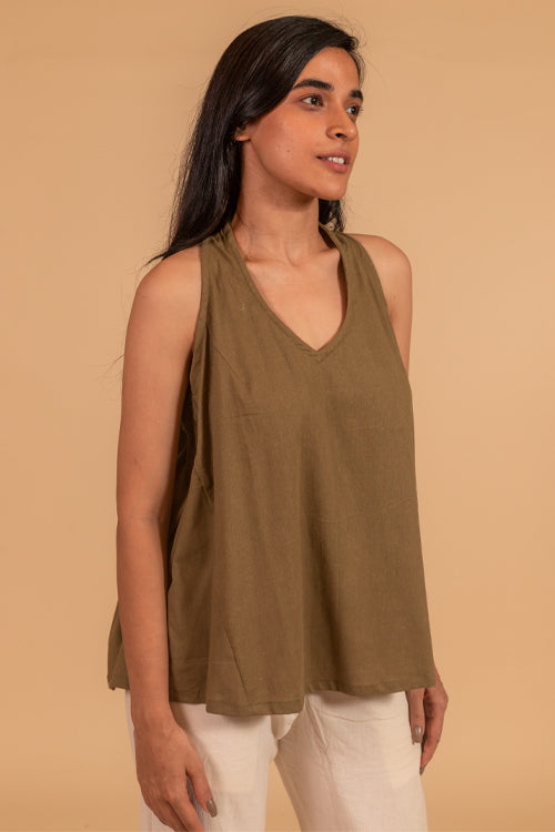 Moralfibre V Neck Incut Sleeves Top With Elasticated Side Panel From "Shapes Collection " - Khakhi