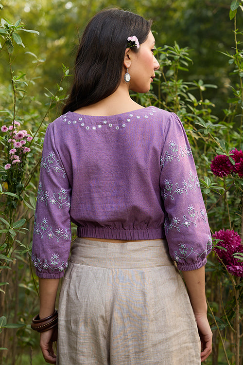 Okhai 'Oorja' Hand-Embroidery and Mirrorwork Pure Cotton Purple Top