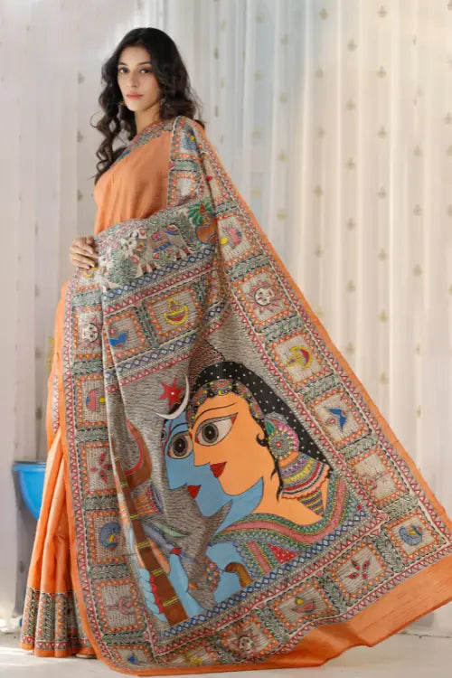 Diorama Designs Madhubani Hand-painted Shiv Parvati Silk Saree