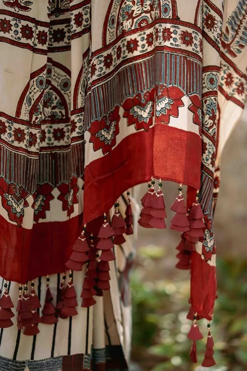 Craftroots Ajrakh Modal Silk Red and White Saree