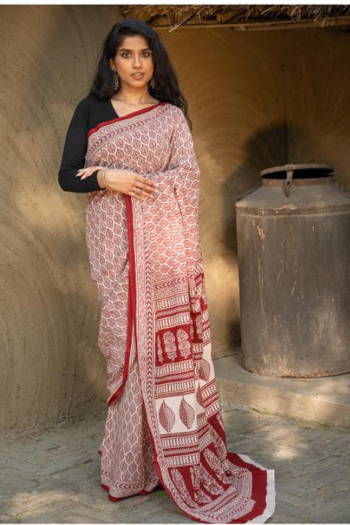 TICH Exclusive Bagh Hand Block Printed Cotton Saree - Leaf Ornate