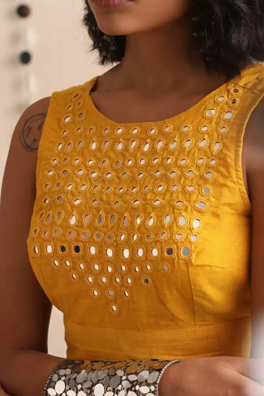 Okhai "Sunshine" Mirrorwork Yellow Pure Cotton Sleeveless Blouse