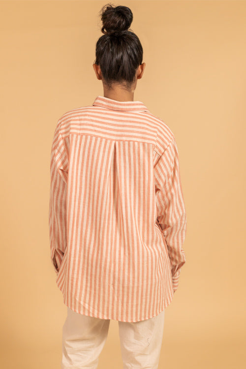 Moralfibre Frayed Trim Placket Shirt From "Shapes Collection " - Ecru & Peach
