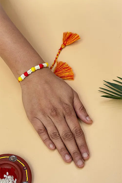 Antarang- Navrang Bead Rakhi- Set Of 2- Green, Yellow Rakhi+ Red, Bright Yellow Rakhi