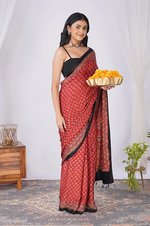TENAARO Lotus Red Ajrakh Hand Block Printed Modal Silk Saree