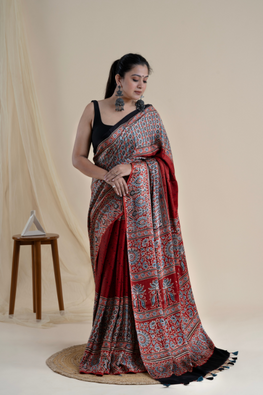 Jahangir Khatri-Traditional Ajrakh Hand Block Printed & Natural Dyed Modal Saree With Tassels - Red