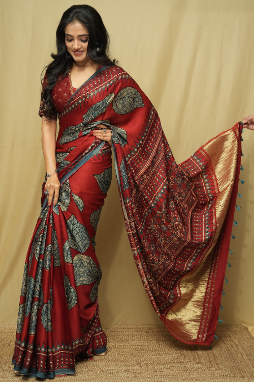 Red Ajrakh Print Tissue Pallu Modal Saree | Jabbar Khatri