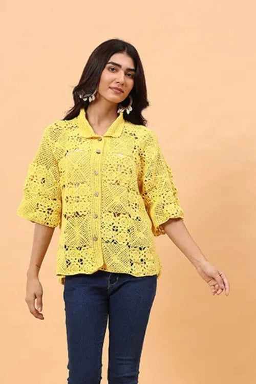 Ajoobaa "Floral Square" Crochet Shirt - Yellow