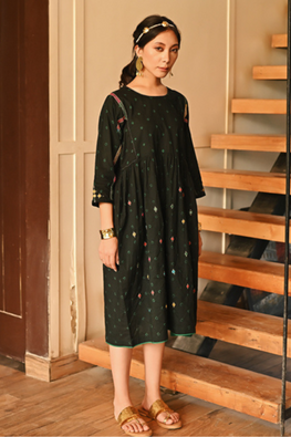 Kaanch Round Neck Bandhej And Embroidered Black Dress