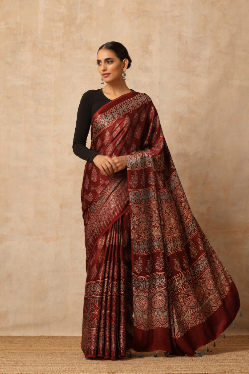 Tenaaro Ajrakh Hand Block Printed Modal SatinSaree