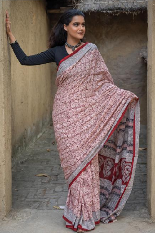 TICH Exclusive Bagh Hand Block Printed Cotton Saree - White Paisleys