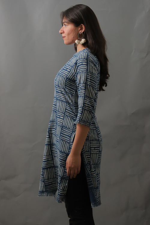 Moralfibre Natural Indigo Cane Printed Kurti With Raw Edges