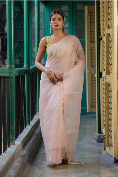 Exclusive Elegant Handwoven Pastel Pink Resham Silk Saree Online