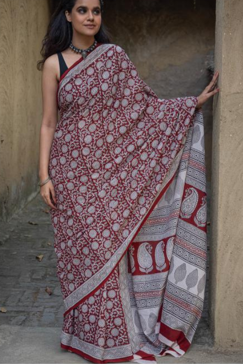 TICH Exclusive Bagh Hand Block Printed Cotton Saree - White Flowers