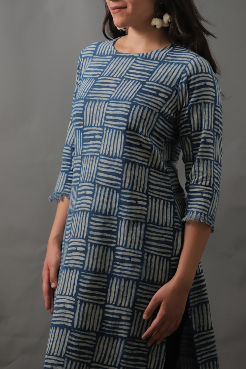Moralfibre Natural Indigo Cane Printed Kurti With Raw Edges
